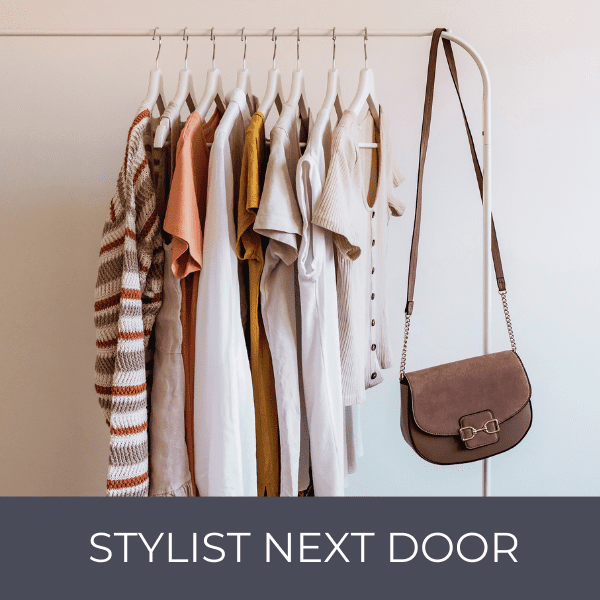 Image of Clothing on a Retail Rack with the text "Stylist Next Door" written below.